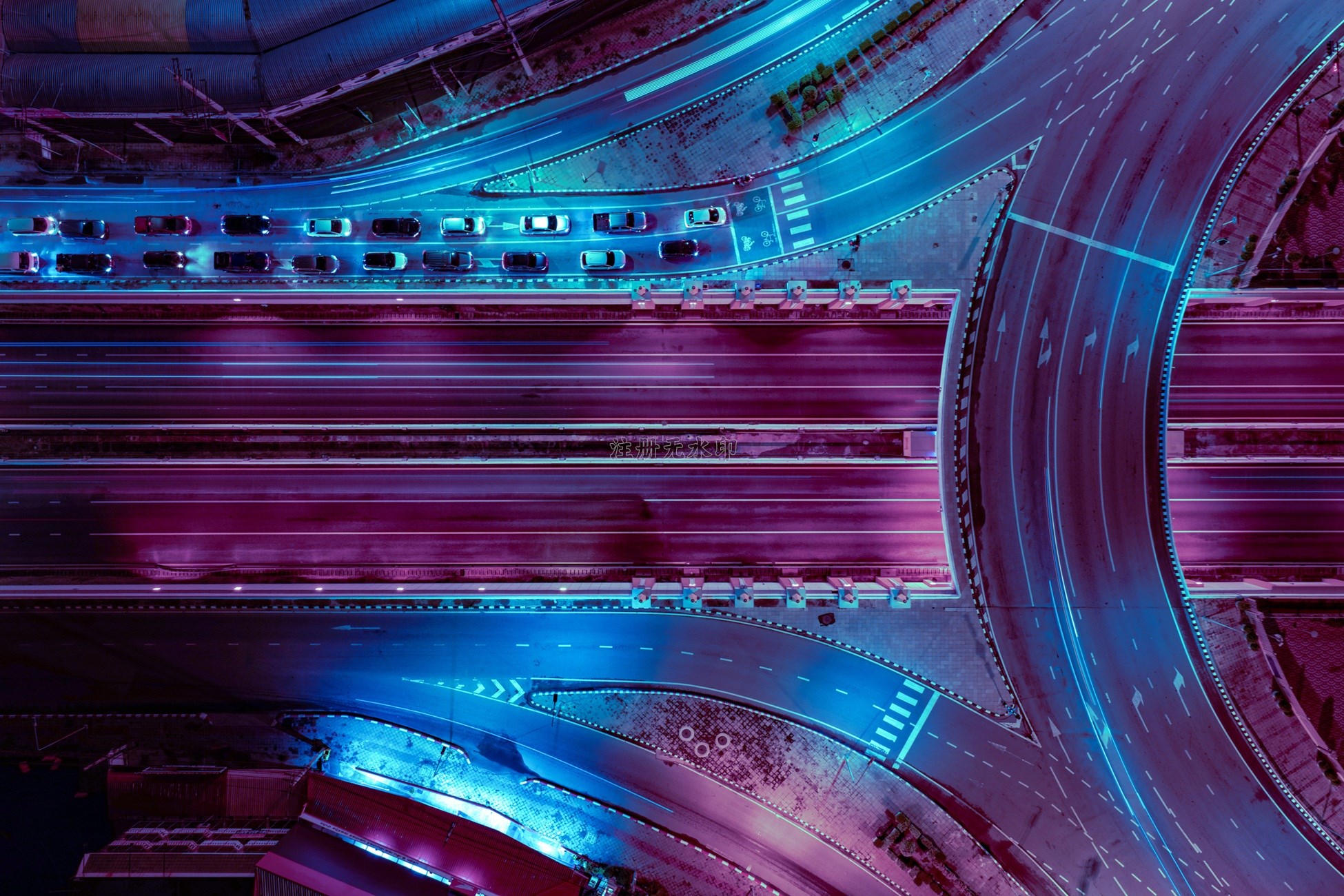 overhead image of highway at night